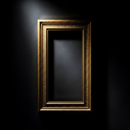 Golden picture frame on black wall background. 3d render illustration.