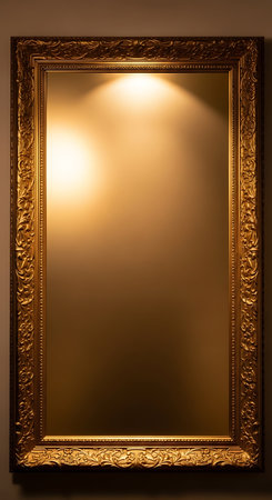 golden picture frame on the wall with spotlights in the roomの写真素材