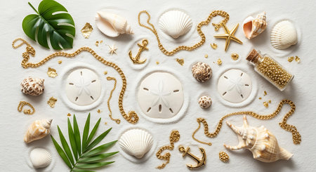 Flat lay composition with seashells and jewelry on white backgroundの写真素材