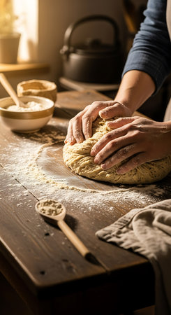 Female hands kneading dough on wooden table in kitchen at homeの写真素材
