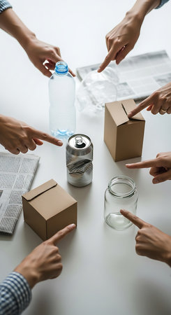 cropped shot of people holding bottles of water and cardboard boxes on tableの写真素材