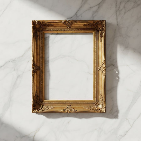 Golden picture frame on white marble background. 3d rendering mock upの写真素材