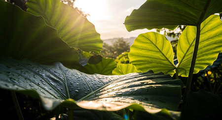 Tropical green leaf with sunlight in the morning