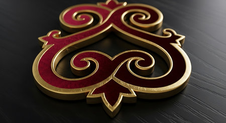 Golden ornament on a black wooden background. 3d render illustration.の写真素材