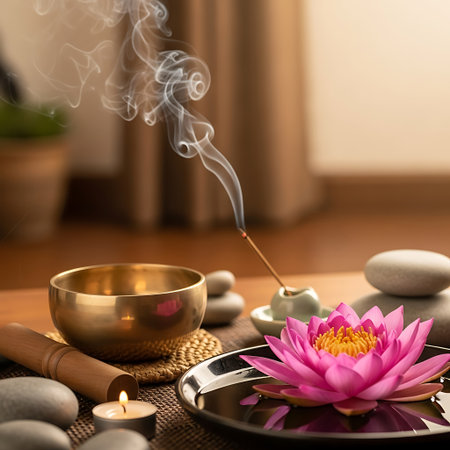 spa still life with lotus flower, candle and aroma oilの写真素材