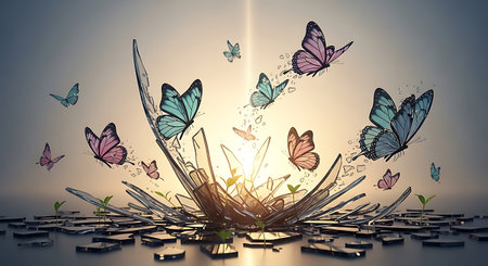 Butterflies flying around a flower in the air. 3D renderingの写真素材