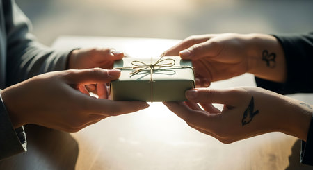 Close-up of two hands exchanging a gift box with a bow