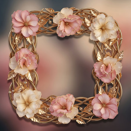 Luxury golden frame with pink hibiscus flowers on a blurred background.の写真素材