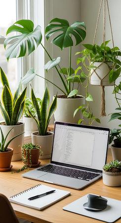 Home office workspace with laptop, smartphone and houseplants on wooden tableの写真素材