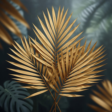Gold palm leaf on a dark background. 3d rendering, 3d illustration.の写真素材