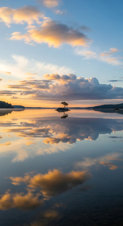 Beautiful sunset on the lake with reflection on the waterの写真素材