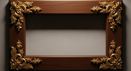 3d render of an old wooden picture frame with gold ornaments