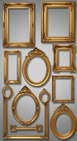 Set of golden frames for paintings, mirrors or photo isolated on white backgroundの写真素材