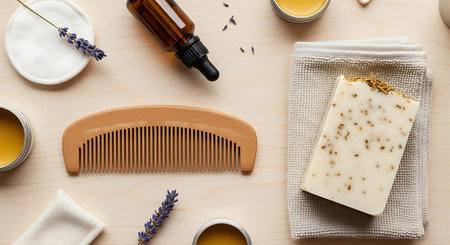 top view of natural organic cosmetics with wooden comb on wooden surface, flat lay