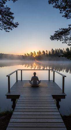 Man meditating in lotus position on a wooden pier on a lake in the morningの写真素材