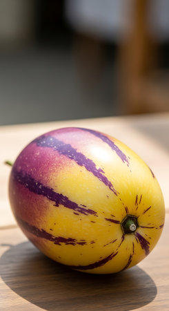 Melon on a wooden table in the garden. Shallow depth of fieldの写真素材
