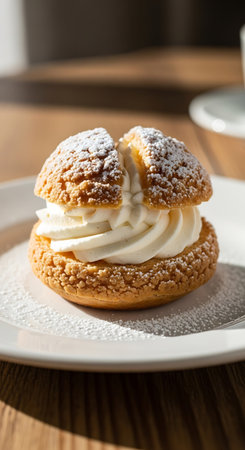 Cream puff cake with whipped cream on a white plate in a cafe