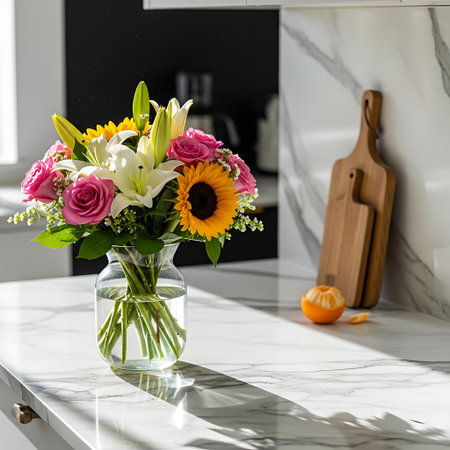 beautiful bouquet of flowers in vase on table in kitchenの写真素材