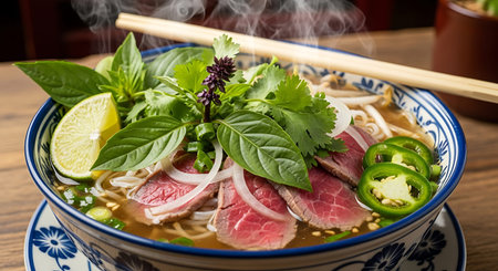 Bowl of beef noodle soup with herbs and lime on wooden table