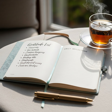 Open book with a cup of tea on the table in the morningの写真素材