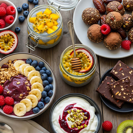Healthy breakfast with granola, yogurt, berries and chocolate.の写真素材