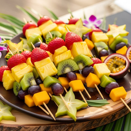 Fruit skewers on a wooden plate, close-up.の写真素材