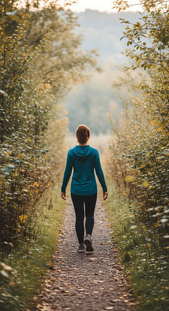 Athletic woman jogging in autumn forest at sunset.の写真素材