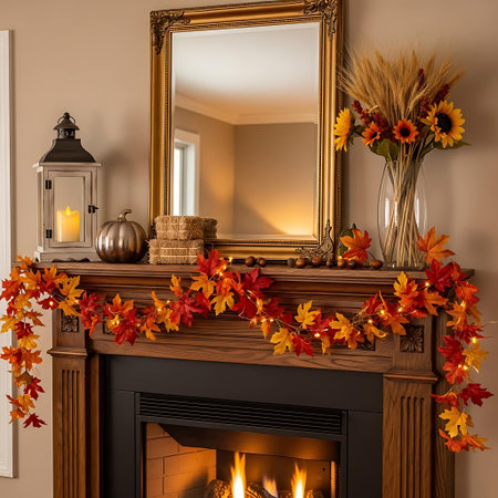 Fireplace with autumn leaves. 3D rendering. Vintage style.の写真素材