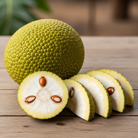 Jackfruit on wooden table. Green jackfruit fruit