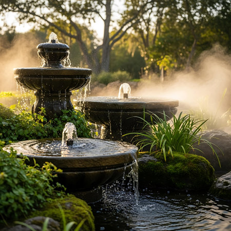 Fountain in the garden at sunset. Beautiful summer landscape with fountainの写真素材