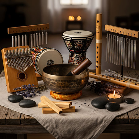 musical instruments on a wooden table in the interior of the roomの写真素材