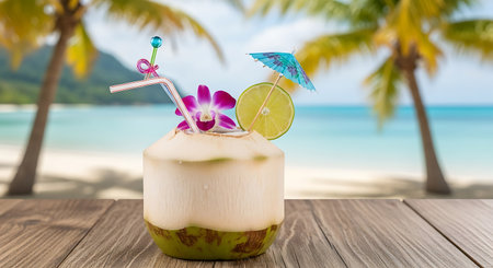 Coconut cocktail on wooden deck with palm tree and sea backgroundの写真素材