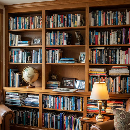 Bookshelf with books, lamp and other items in a libraryの写真素材