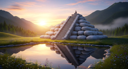 Fantastic mountain landscape with lake and wooden bridge. 3d renderの写真素材