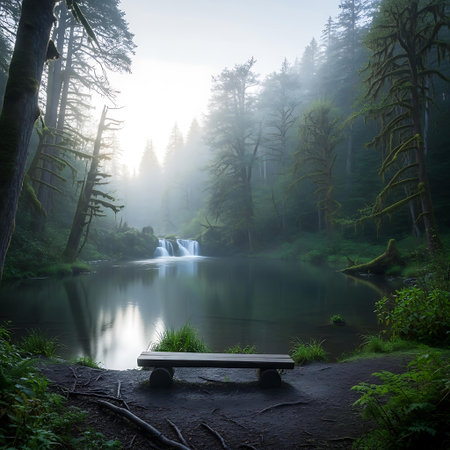 Mountain lake with a bench in the morning fog. Landscape.の写真素材
