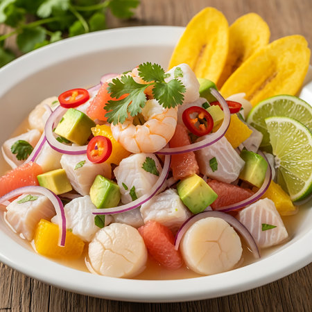 Seafood salad with shrimp, avocado, cucumber, mango, onion, lime and cilantroの写真素材
