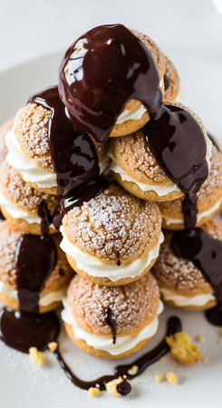 Stack of pancakes with chocolate syrup and walnuts on white plate.