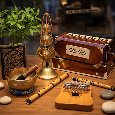 Vintage musical instruments on a wooden table. 3d rendering.