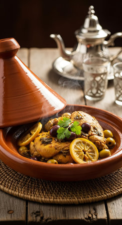 Baked chicken breast with lemon and olives in a clay potの写真素材