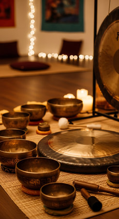 Tibetan singing bowls and candles on a wooden table.の写真素材