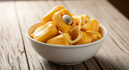 Jackfruit in a bowl on wooden background, selective focus, shallow DOF