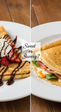 Collage of pancakes with strawberry, mascarpone and chocolate sauceの写真素材