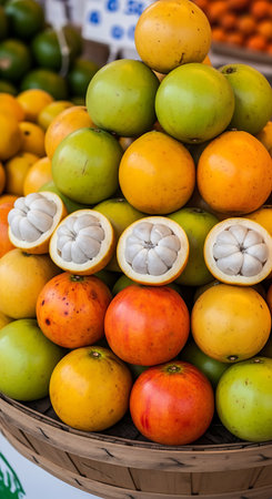 Variety of tropical fruits in a basket on the market stall.の写真素材