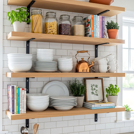 Kitchen shelves with different utensils and dishes in modern kitchen