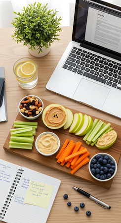 top view of laptop with healthy food and notebook on wooden table in officeの写真素材