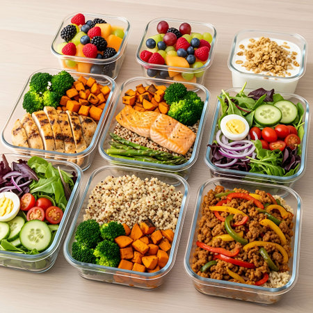 Healthy meal prep containers with vegetables, fruits and meat. Top viewの写真素材