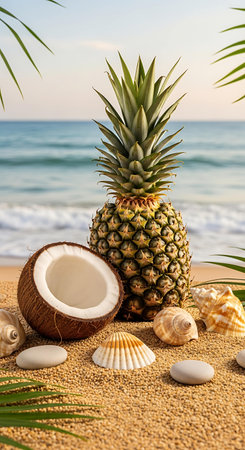 Pineapple, coconut and seashells on the sandy beachの写真素材