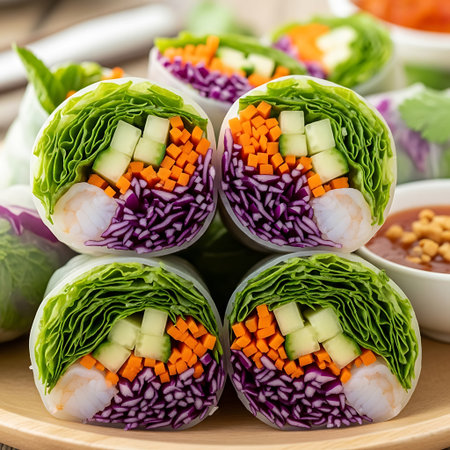 Vietnamese spring rolls with vegetables and sauce on a wooden plate