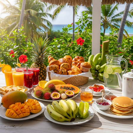 Breakfast with coffee, juice and croissants on the tropical beachの写真素材