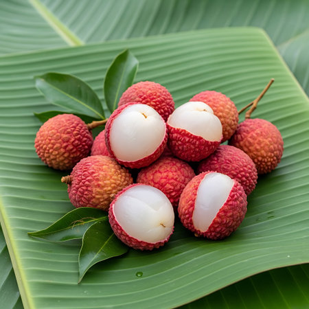 Fresh lychee fruit on green banana leaf background.
